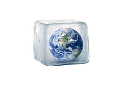 Globe encased in clear ice cube, environmental awareness, frozen planet concept, isolated on a transparent background