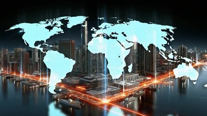 Global Network: Illustrating the vast expanse of global connectivity, this image portrays a luminous world map intertwined with a modern cityscape. - Powered by Adobe