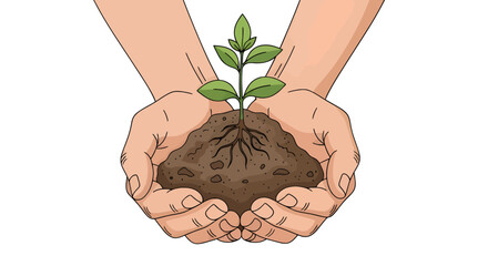 Caring hands gently cradle a vibrant green seedling emerging from fertile soil, representing growth, sustainability, and the promise of new life through nurturing