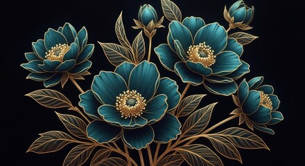 Exotic teal and gold floral arrangement on a stark black background