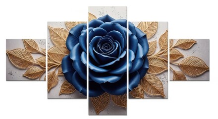 A single deep blue rose with golden leaves on a textured background