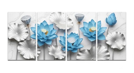 Blue lotus flowers and silver leaves on a marble textured background