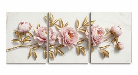 Pink peonies and golden leaves on a white marble background