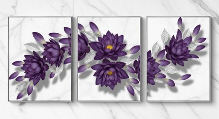 Rich purple lotus flowers with silver accents on marble background