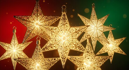 Illuminated golden star ornaments shining brightly on green and red Christmas background, festive magic and joyful holiday spirit.