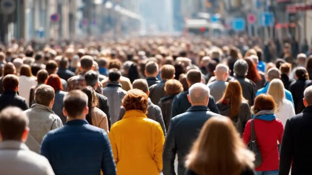 Urban Crowd: A large and diverse throng of people fills the urban landscape, creating a vibrant scene of humanity in motion. This photo captures the dynamic energy of a city teeming with life.