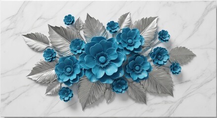 Vibrant teal and silver floral arrangement on a marble background