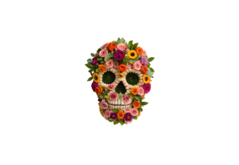 Decorative skull covered in multicolored roses and fresh blooms, isolated on a transparent background