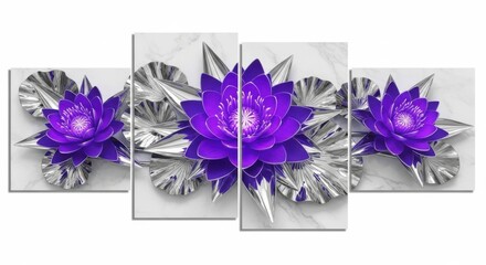 Vibrant purple lotus flowers with silver leaves on a marble background, a striking wall art