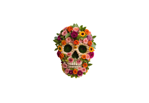 Decorative skull covered in multicolored roses and fresh blooms, isolated on a transparent background