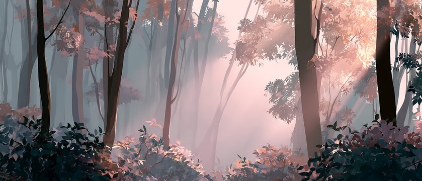 Soft misty forest at sunrise with pinkish light rays streaming through tall trees, gentle haze, and leafy undergrowth. Calm atmospheric illustration for scenic nature backgrounds