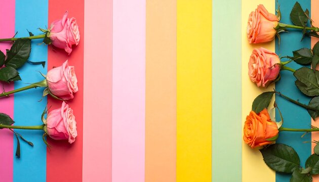 Vibrant floral arrangement. Roses of various hues lie atop colored vertical stripes, creating a visually engaging and artistic composition