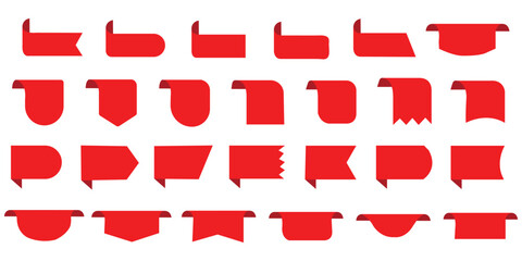 Set of 12 red ribbon banners with various shapes and styles. Perfect for use in banners, advertisements, certificates, and promotional designs. Simple, elegant, and versatile vector ribbon