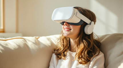 Virtual Reality Experience: A young woman immersed in a virtual reality experience, her expression a mix of awe and wonder as she engages with the digital world.