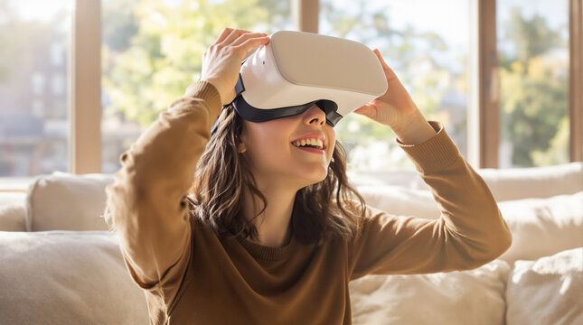 Immersive VR Experience: A woman embraces the future with a virtual reality headset, lost in a world of digital innovation and boundless imagination, all set against a backdrop of modern home comfort.
