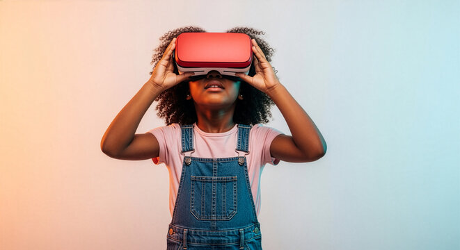 Immersive Virtual Reality: Young girl embraces the digital world through a virtual reality headset, a glimpse into future technology and innovative experience.