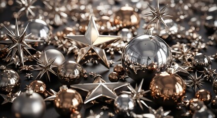 Shiny metallic silver and gold Christmas ornaments and stars with sparkling reflections, modern festive luxury, winter holiday background.