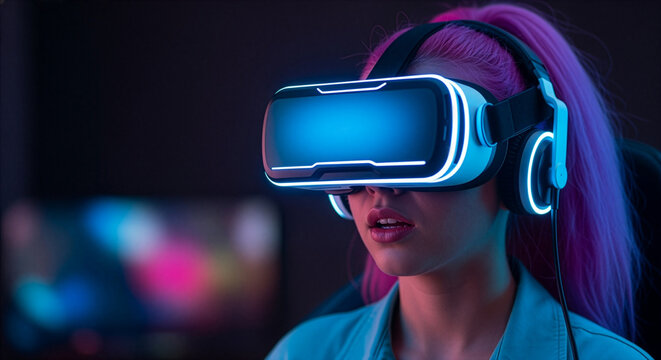 Immersive Virtual Reality Experience: A young person, completely immersed in the futuristic world of virtual reality, exploring the digital realm. The scene portrays innovation, technology.