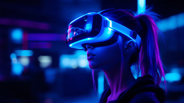 Immersive Exploration: A woman wearing a sleek VR headset in a futuristic setting, immersed in a virtual world, with neon lighting and technology.
