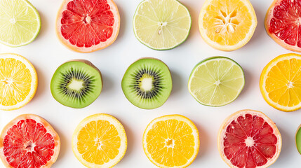 Rows of vibrant kiwi and citrus slices arranged neatly on white background