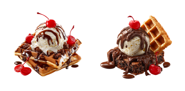 Delicious Waffle Stack with Vanilla Ice Cream, Chocolate Syrup Drizzle, and Maraschino Cherries isolated on transparent background