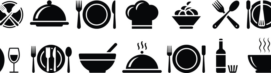 Black and White Food, Dining, and Beverage Icons for Restaurant Menu, Culinary Website, Kitchen Tools, Hospitality, and Cooking Vector Design
