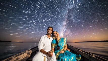 Indian couple sitting on a boat, holding hands and looking up at the beautiful night sky with star trails and the prominent milky way, representing romance and wonder - Powered by Adobe