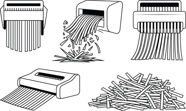 Six black and white icons of paper shredders and shredded paper machine office equipment