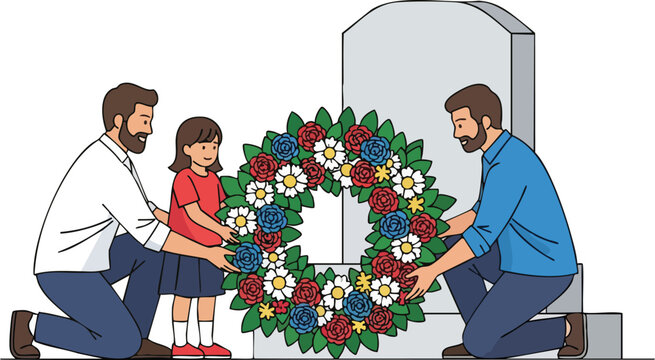Illustration of a man and a girl placing a memorial wreath on a tombstone with another man, conveying a sense of tribute and respect in a solemn moment.