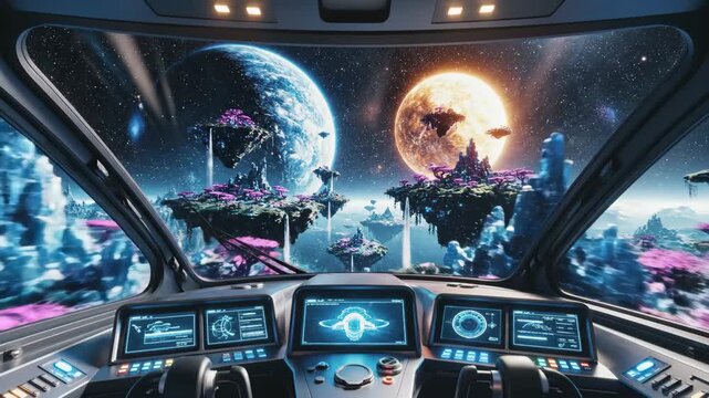 Spaceship cockpit navigating a vibrant, colorful wormhole, illustrating advanced hyperspace travel and exploring concepts of faster-than-light journeys into deep space