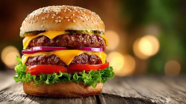 Delicious Double-Decker Burger: a mouthwatering shot of a perfectly crafted double-decker burger, a symphony of flavors and textures, ready to tempt the taste buds.