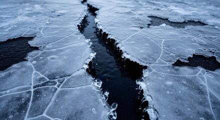 Close-up of cracked ice on frozen water with a deep fissure. Concept of cold climate, winter texture, and fragile natural environment.