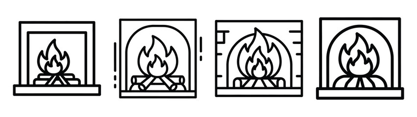 fireplace fire line art icon set. Christmas outline Vector illustration icons.