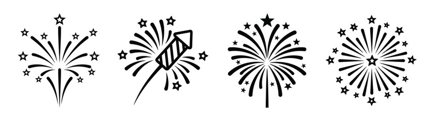 fireworks line art icon set. Christmas outline Vector illustration icons.