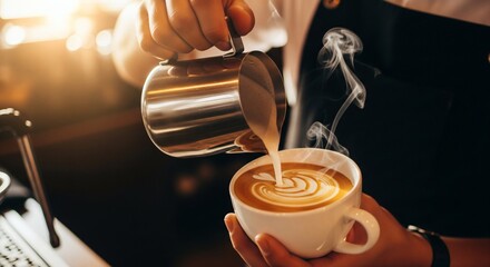 Barista pouring milk into coffee, creating latte art, a moment of coffee making passion