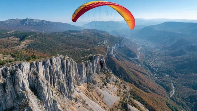 Soaring Above the Cliffs: A paraglider gracefully dances against the breathtaking backdrop of towering cliffs, capturing the essence of freedom and adventure.