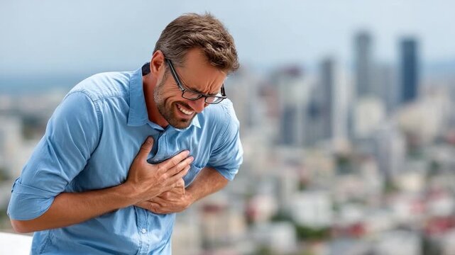 Man with Chest Pain: A man clutches his chest in agony, his face contorted in pain, suggesting a sudden onset of distress with the blurry urban cityscape in the background.