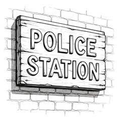 Obraz premium Detailed sketch of a wooden police station sign mounted on a brick wall