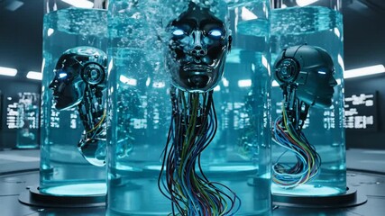 Androids developing in glass tanks filled with liquid and wires in a dark futuristic laboratory setting, representing artificial intelligence creation and advanced technology - Powered by Adobe