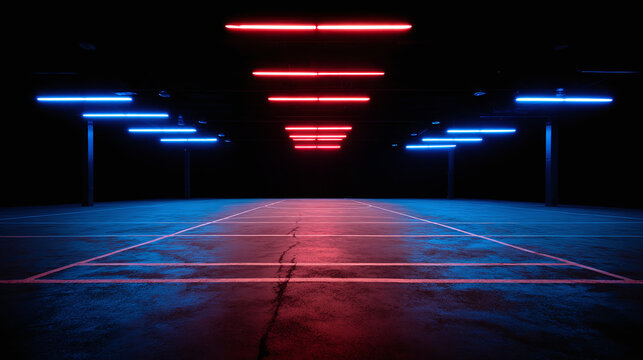 Futuristic court with vibrant red and blue neon lights illuminating the space, creating a captivating contrast in an otherwise dark setting.