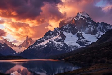 Majestic mountain range reflecting in a serene lake under a vibrant sunset with colorful clouds above it