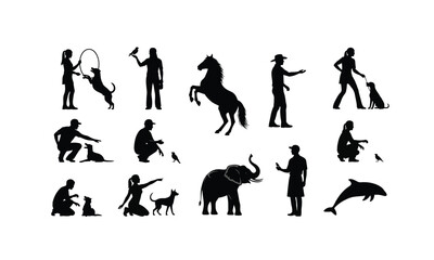 Collection of animal trainer silhouettes in various poses and actions isolated on white background