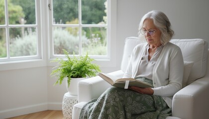 Focused senior woman with glasses reading a book in an armchair by a window. Quiet moment of leisure and relaxation at home