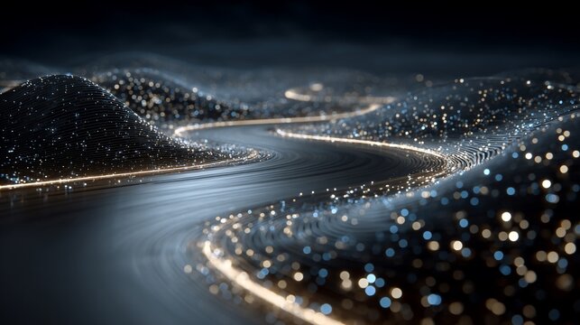 Abstract data stream landscape with flowing particles and light trails design