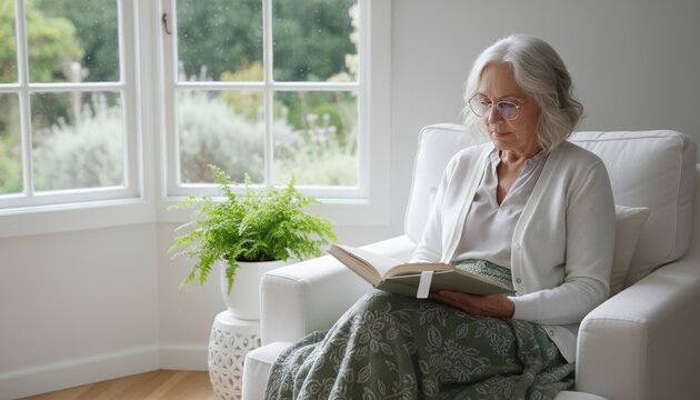 Focused senior woman with glasses reading a book in an armchair by a window. Quiet moment of leisure and relaxation at home - Powered by Adobe