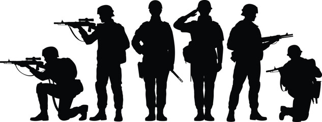 Soldier silhouette vector, military poses with rifles, kneeling and standing stances, army salute illustration, combat gear outline, tactical posture art