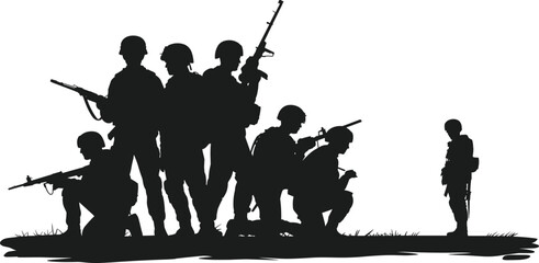 Soldiers silhouette vector, military team illustration, rifle squad in action, war remembrance art, army comrades on battlefield, solemn tribute scene