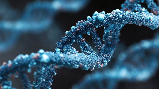 Detailed visualization of a DNA strand, showcasing its intricate double helix structure in shades of blue and red against a dark background.