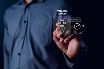 Hand of a man interacting with a virtual assistant graphic symbolizing technical support in a modern office setting with dark background