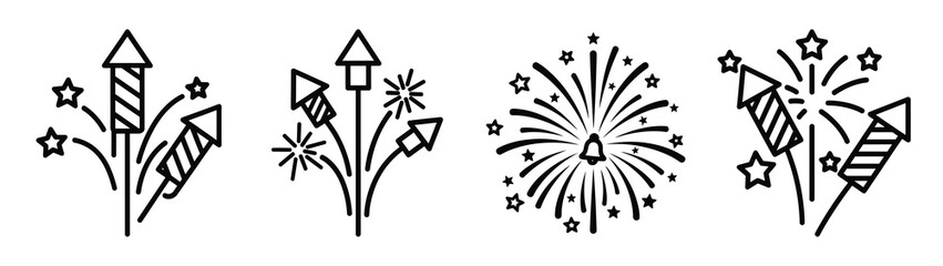 christmas fireworks line art icon set. Christmas outline Vector illustration icons.